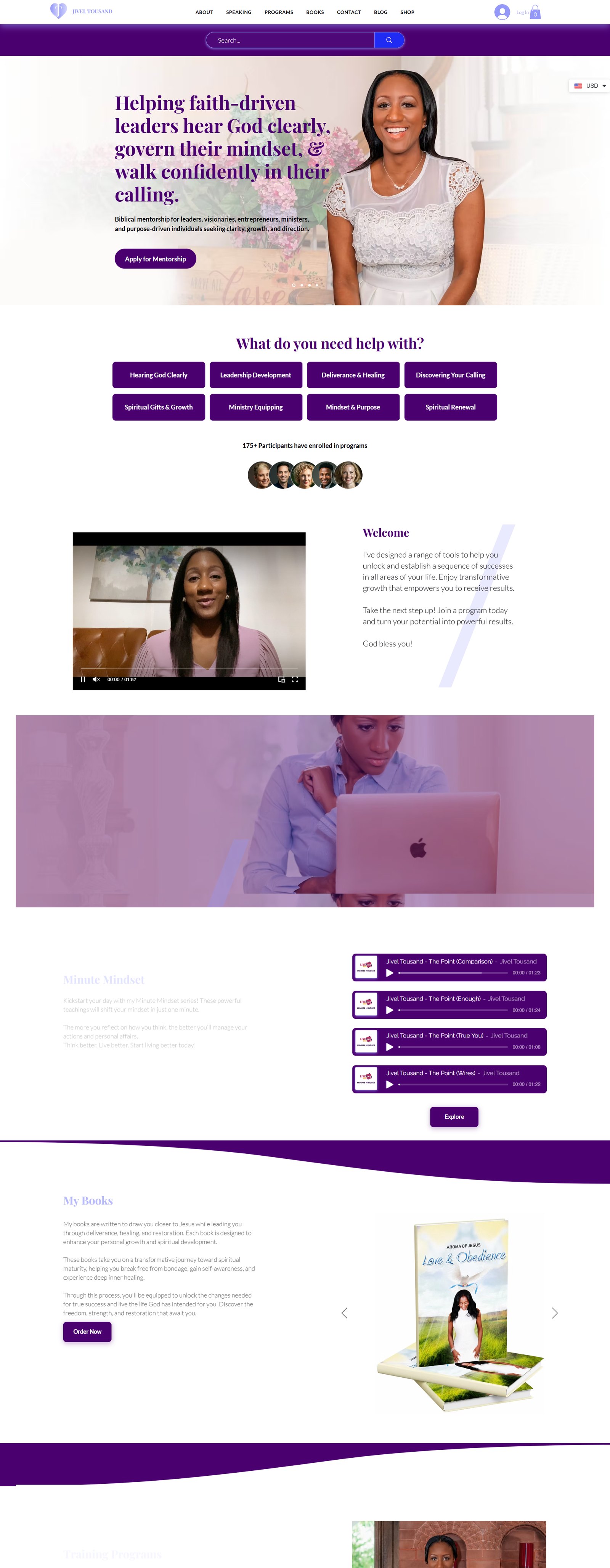 The rebuilt Jivel Tousand homepage on desktop, a purple-branded hero reading Helping faith-driven leaders hear God clearly, with a single Apply for Mentorship button